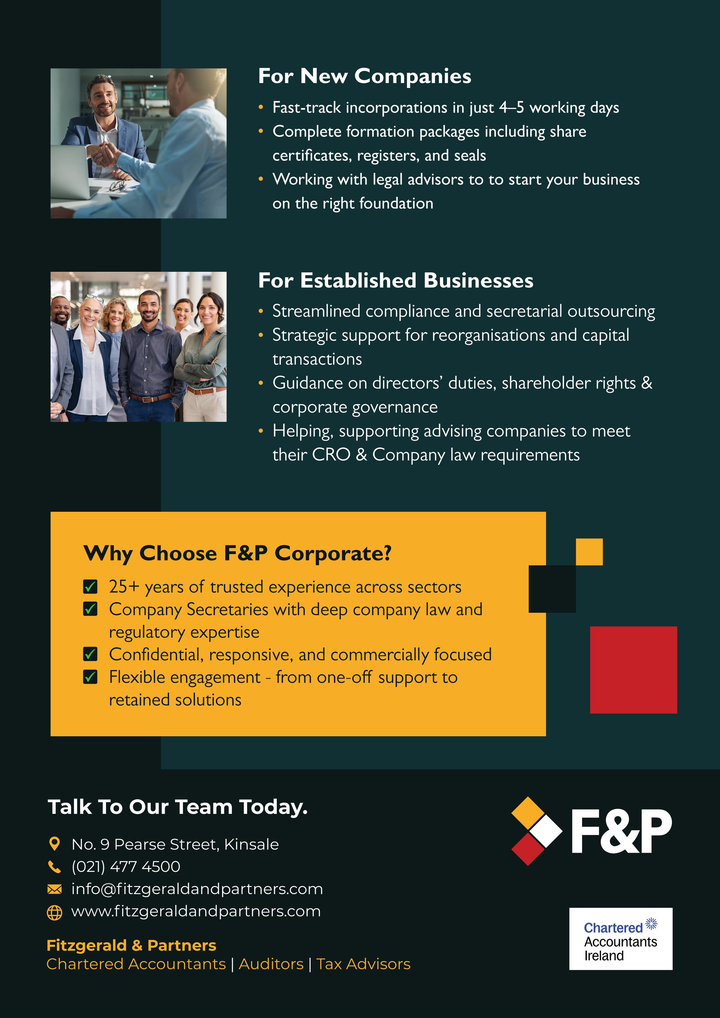 Fitzgerald & Partners corporate services flyer, second page: services for new companies and established businesses, reasons to choose F&P Corporate, and contact details