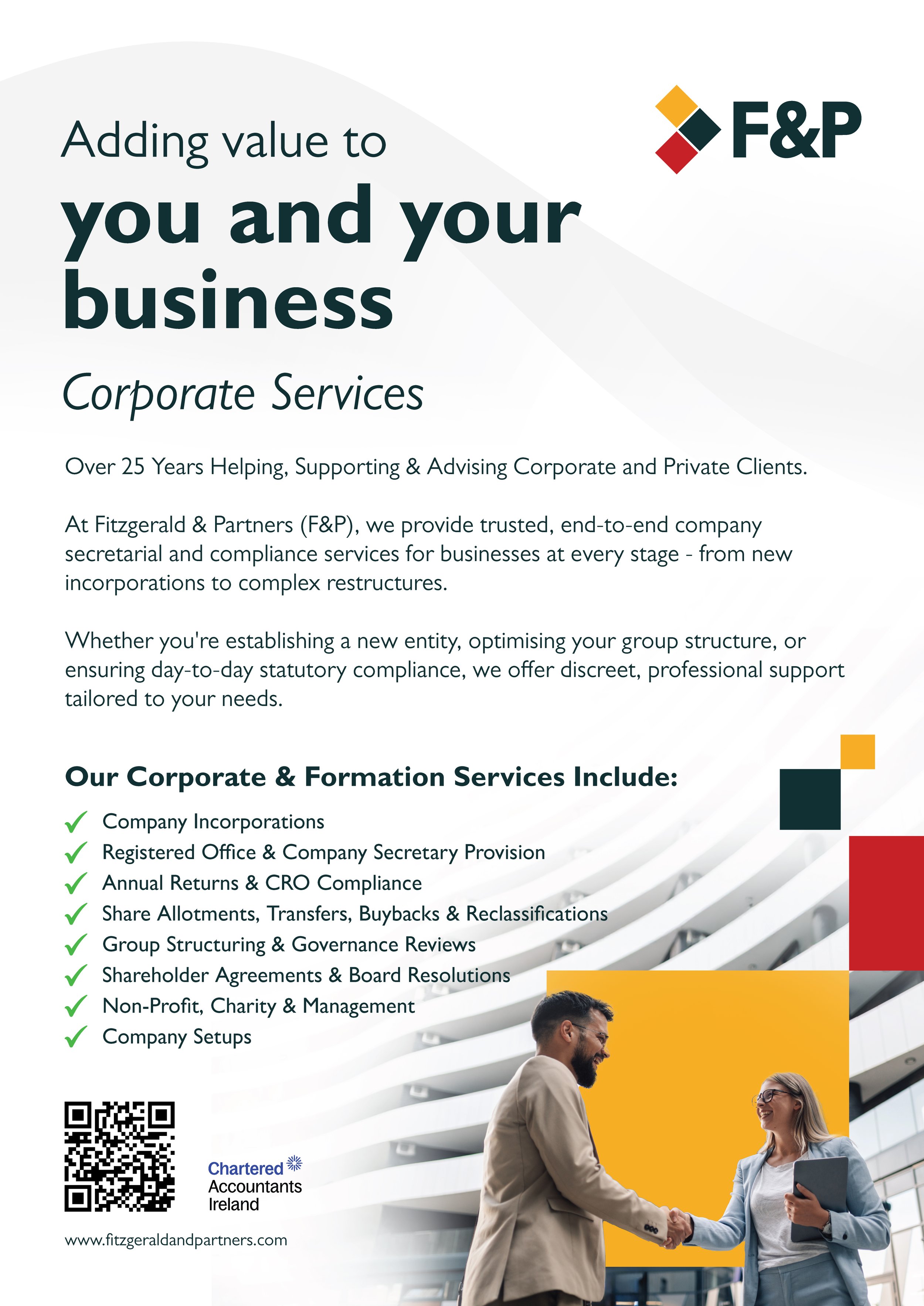 Fitzgerald & Partners corporate services flyer listing company incorporations, registered office and company secretary provision, annual returns and CRO compliance, and share transactions
