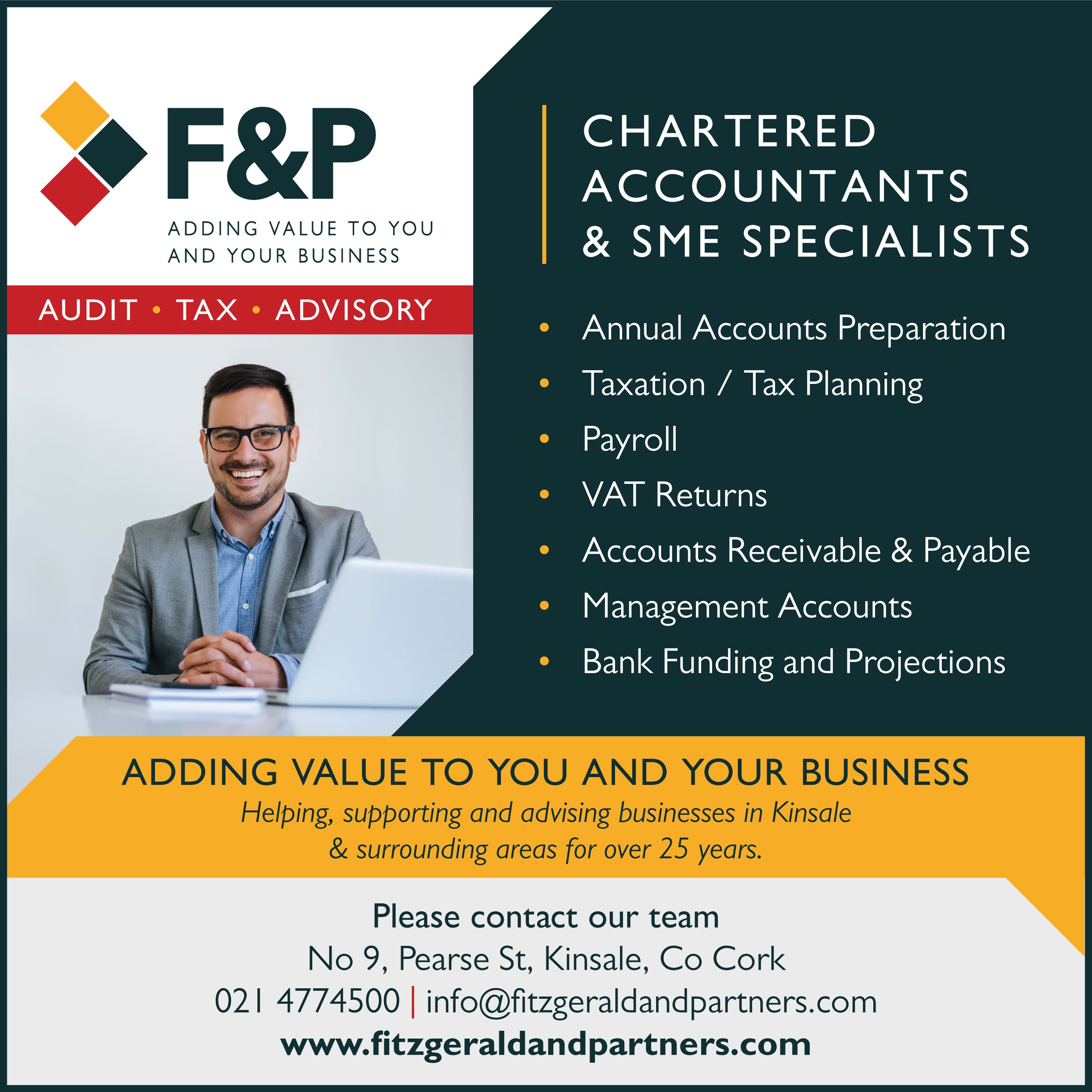Fitzgerald & Partners advert for Chartered Accountants and SME Specialists showing a smiling man at a laptop and a list of services, with the Kinsale office contact details