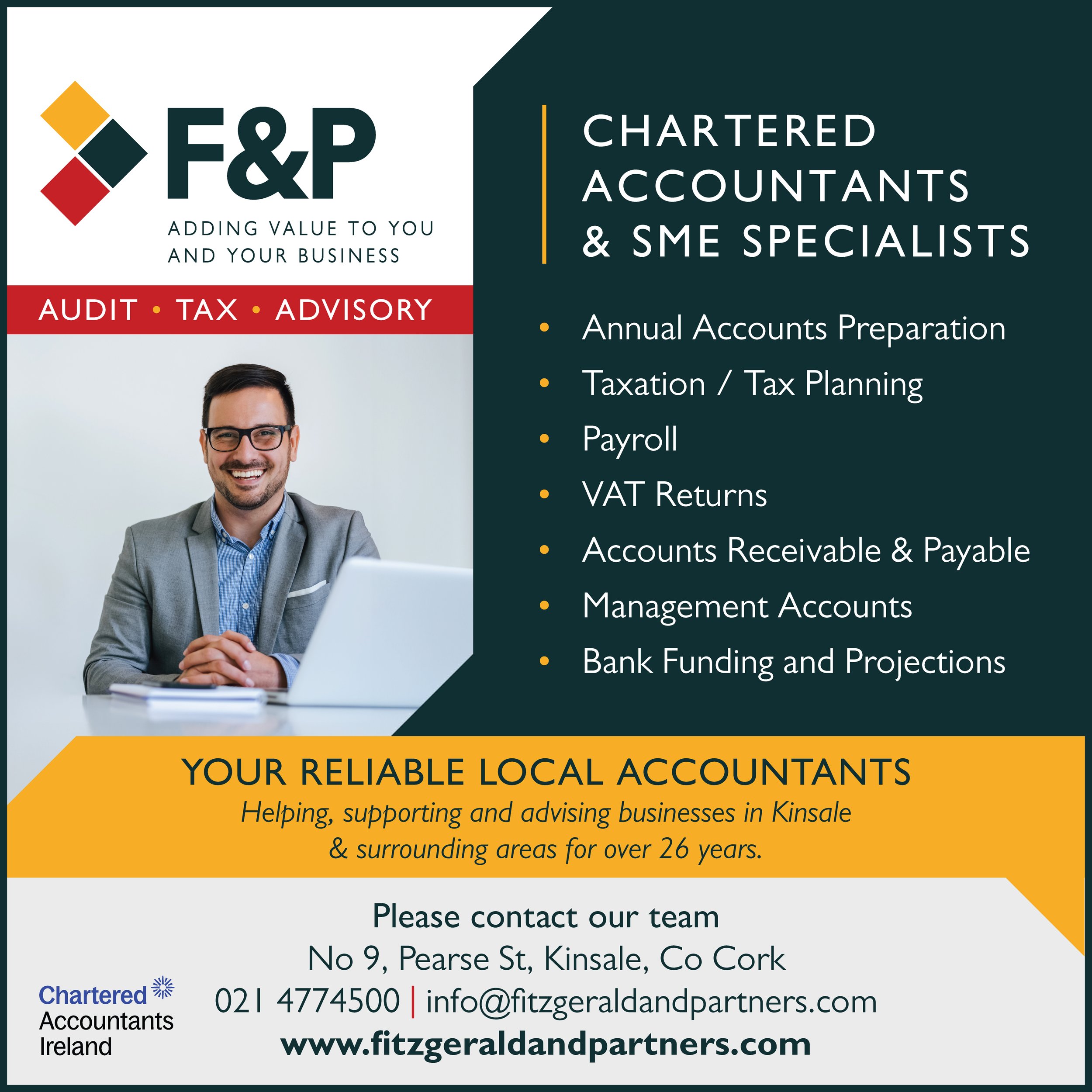 Fitzgerald & Partners advert for Chartered Accountants and SME Specialists showing a smiling man at a laptop, a list of services from annual accounts to bank funding, and the Kinsale office contact details