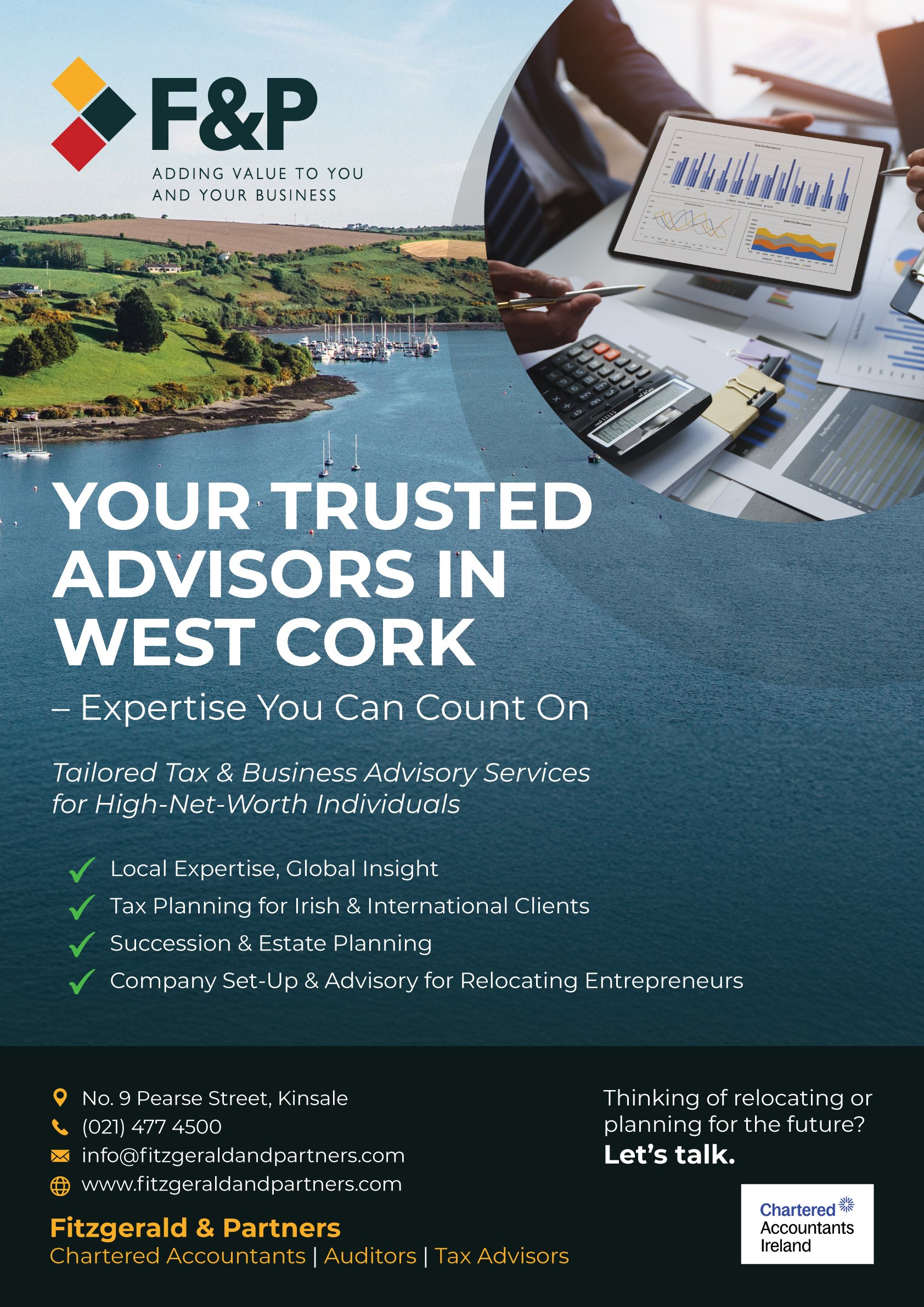 Fitzgerald & Partners flyer 'Your trusted advisors in West Cork' offering tax and business advisory services for high-net-worth individuals, over a view of Kinsale harbour