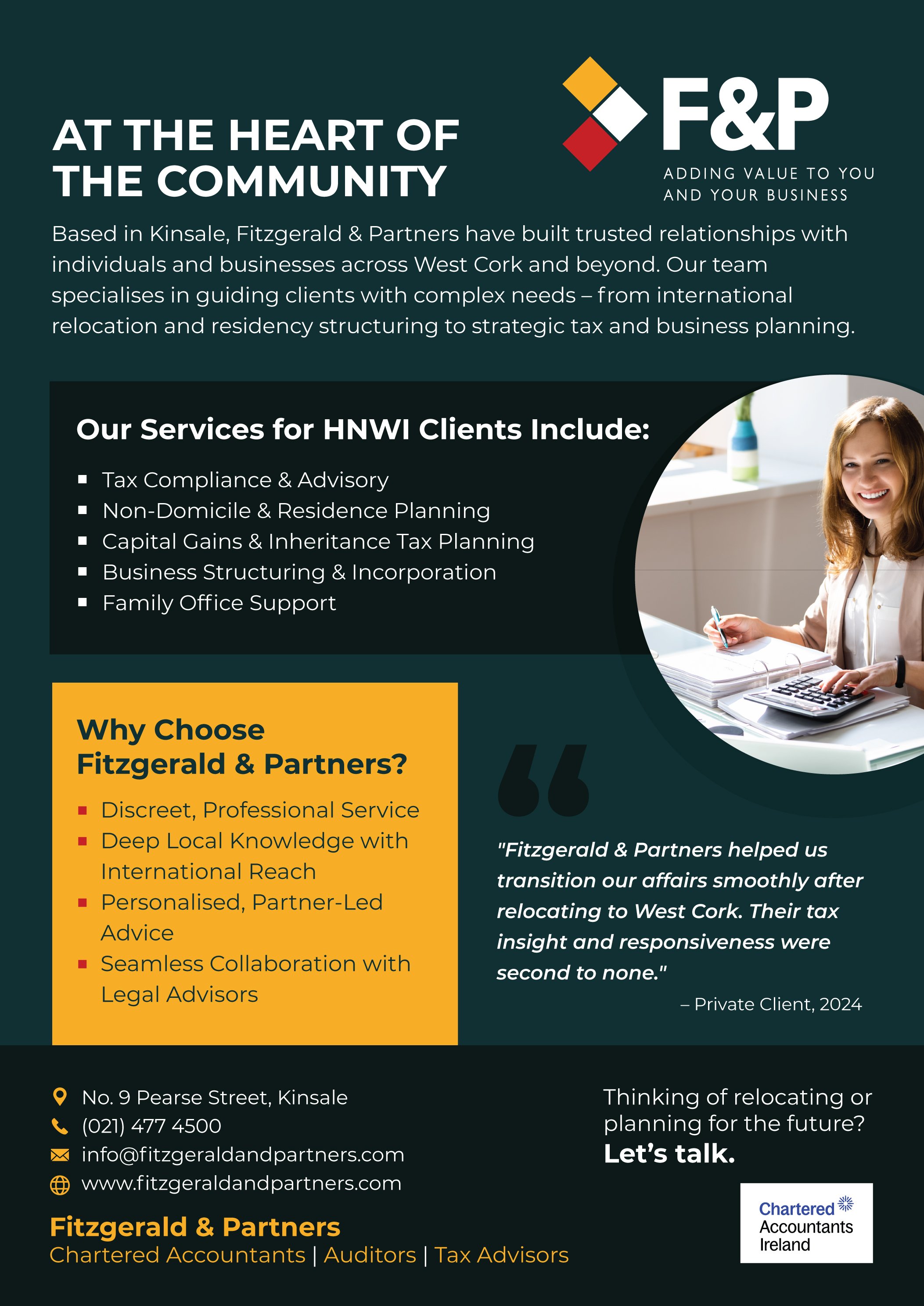 Fitzgerald & Partners flyer 'At the heart of the community' with services for high-net-worth clients, reasons to choose the firm, a client testimonial and contact details