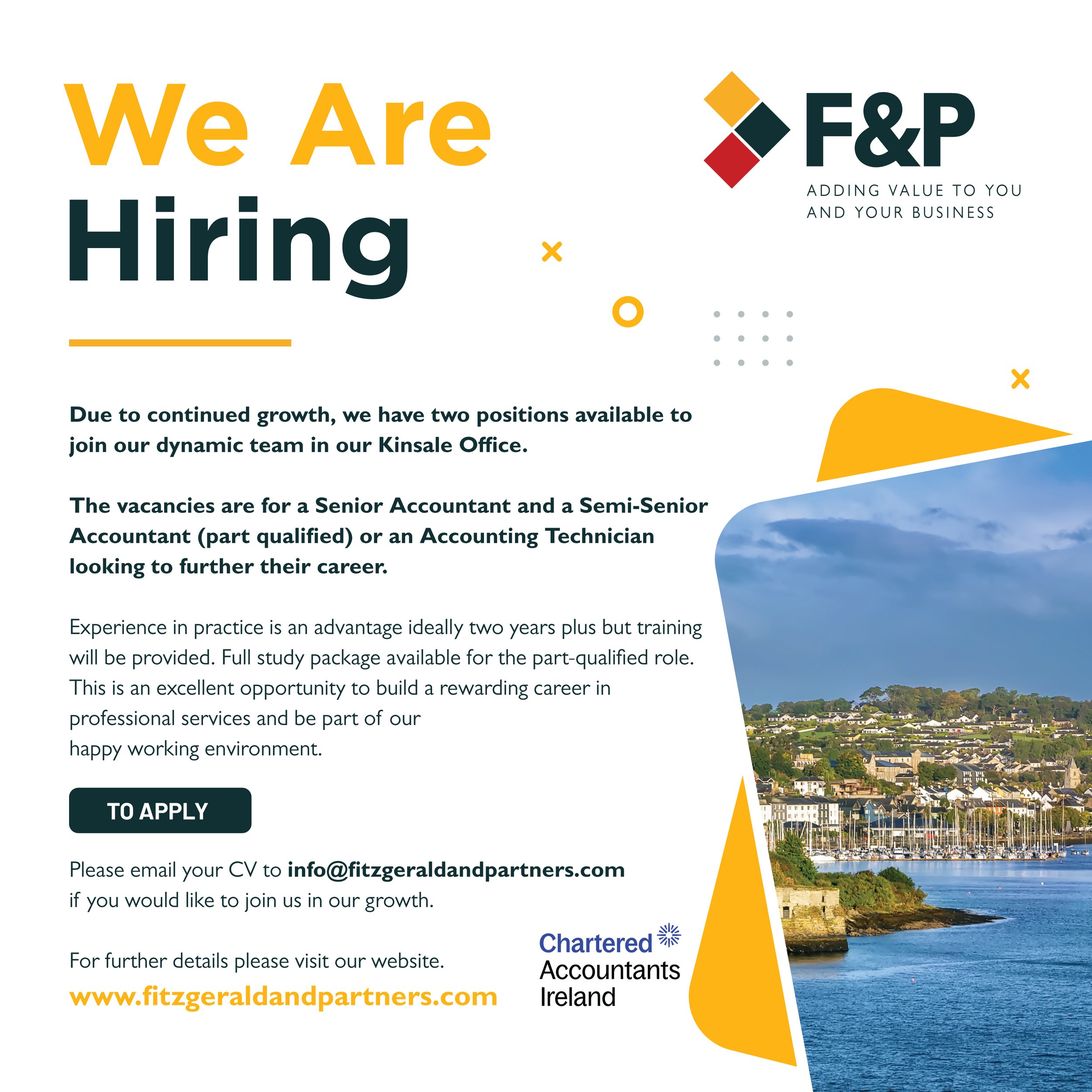 Fitzgerald & Partners hiring notice for a Senior Accountant and a Semi-Senior Accountant or Accounting Technician at the Kinsale office, with a view of Kinsale harbour and instructions to email a CV