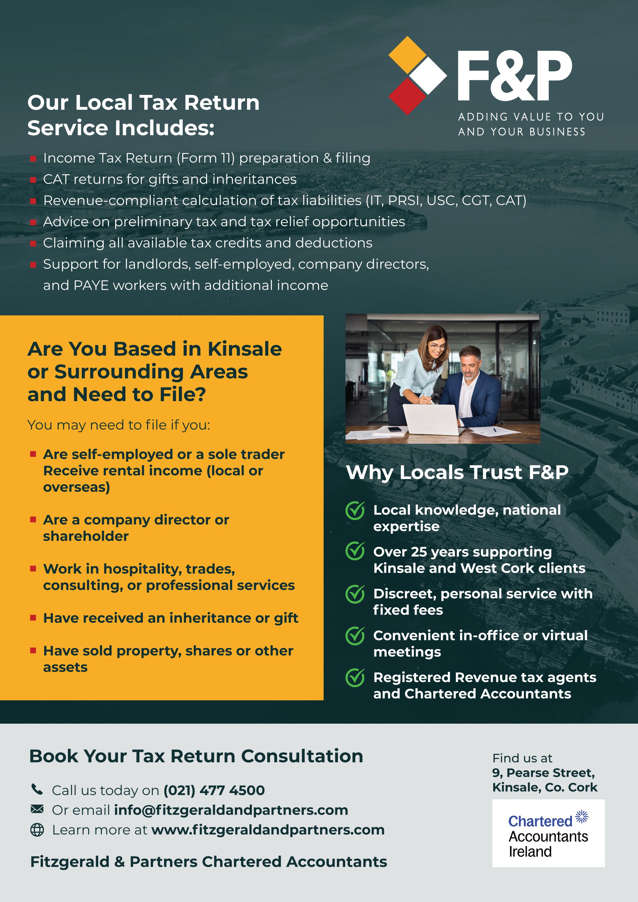 Fitzgerald & Partners flyer for the local tax return service: what it includes, who may need to file, why locals trust the firm and how to book a consultation
