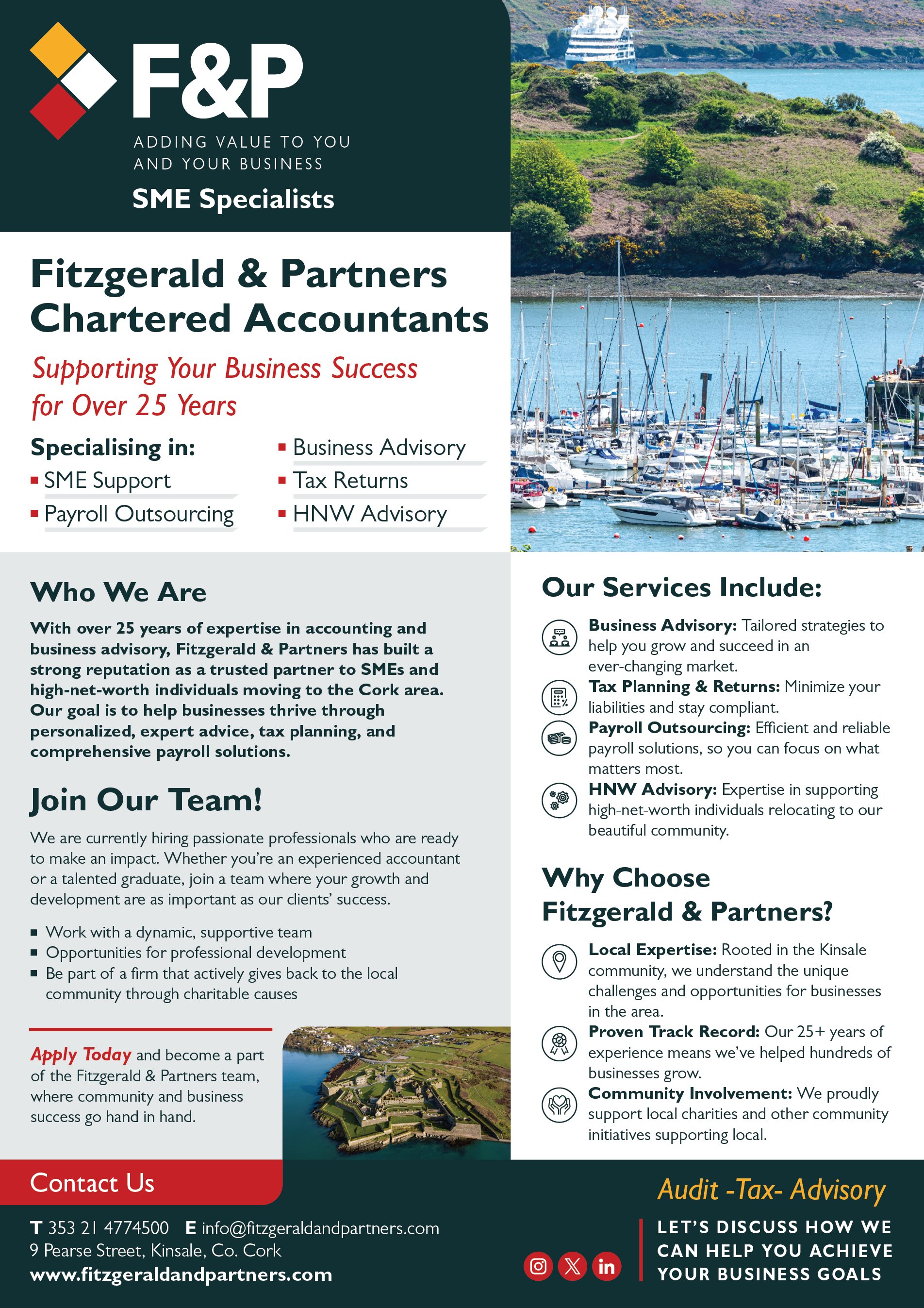 Promotional flyer for Fitzgerald & Partners Chartered Accountants. Includes logo, contact info, and services offered: SME support, payroll outsourcing, business advisory, tax returns, HNW advisory. Emphasizes expertise in accounting, benefits of joining their team, and reasons to choose them, such as local expertise and community involvement. Background image of a harbor with boats. Website: www.fitzgeraldandpartners.com. Location: 9 Pearse Street, Kinsale, Co. Cork. Contact: T 353 21 4774500, E info@fitzgeraldandpartners.com.