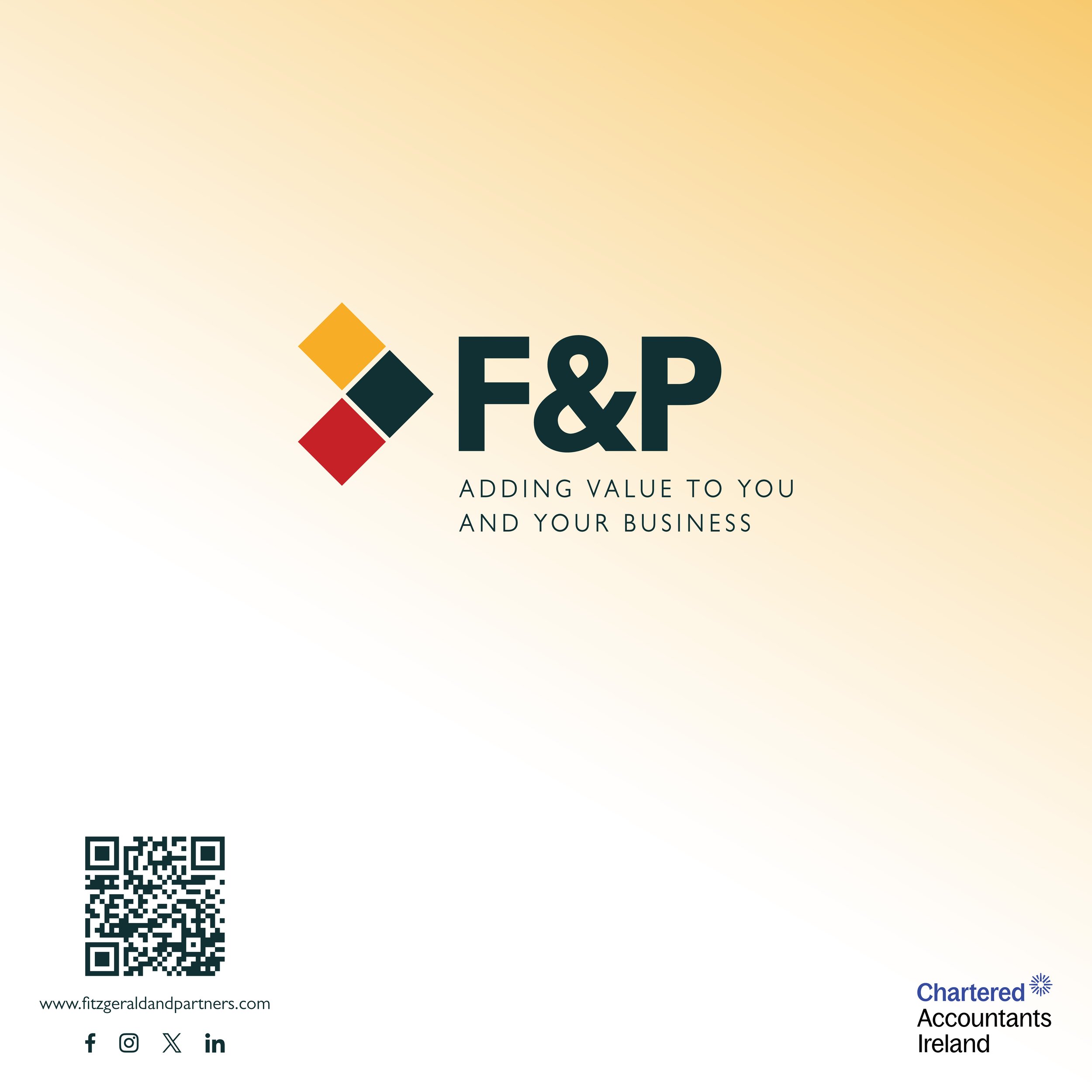 Fitzgerald & Partners graphic with the F&P logo, the line 'Adding value to you and your business', a QR code and the website address fitzgeraldandpartners.com