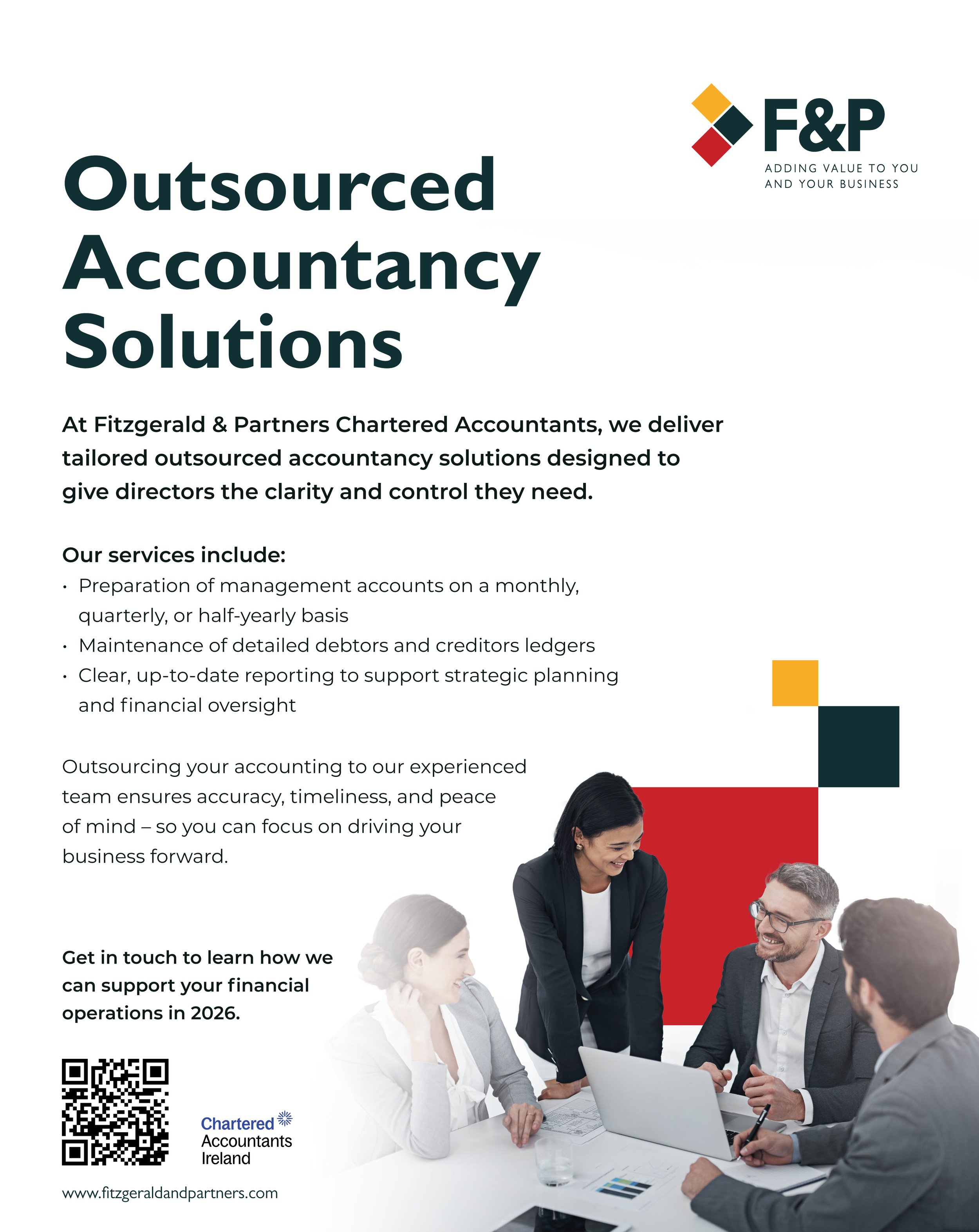 Fitzgerald & Partners flyer 'Outsourced accountancy solutions' offering management accounts, debtors and creditors ledgers and reporting, over a photo of colleagues around a laptop
