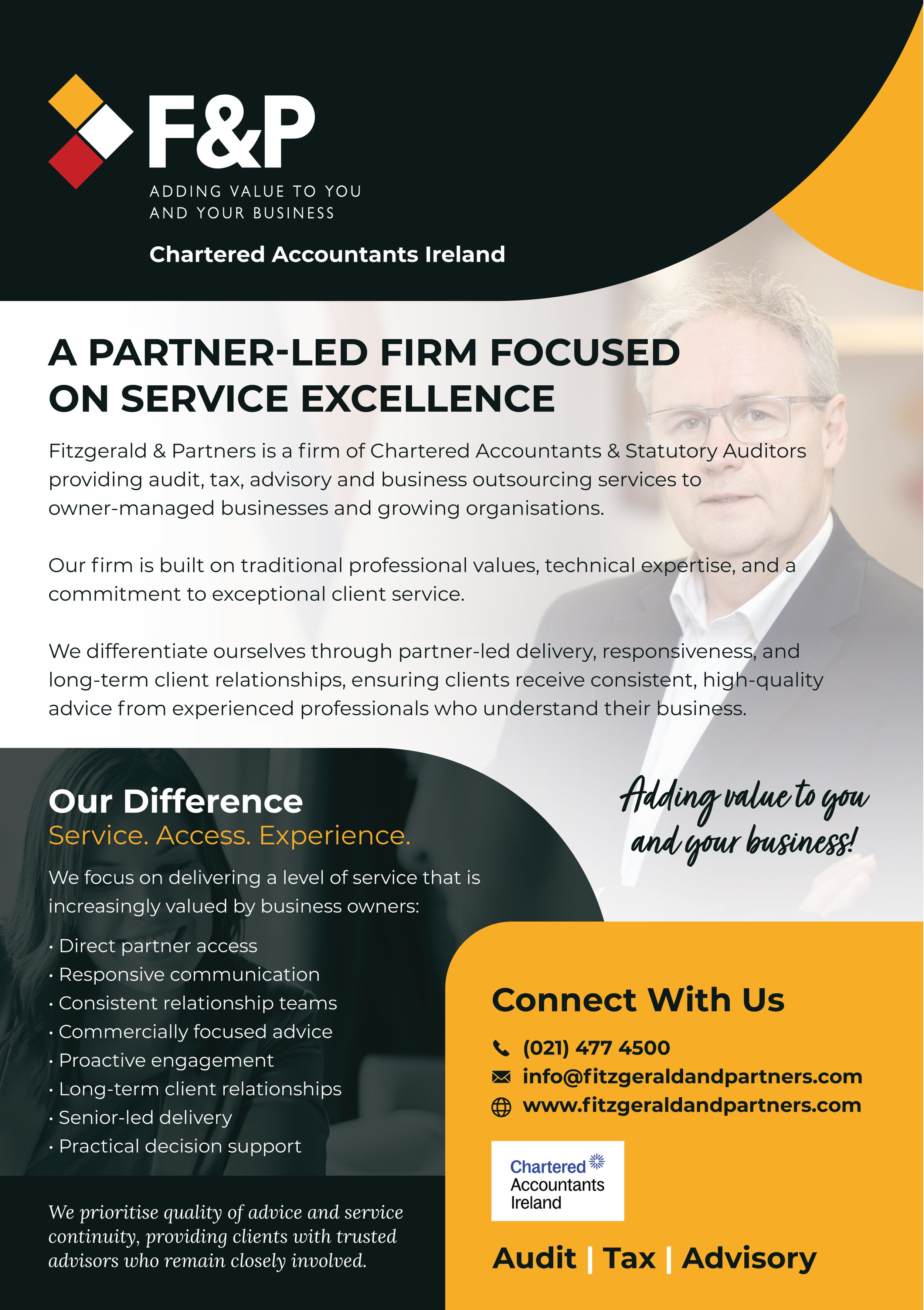 Fitzgerald & Partners flyer 'A partner-led firm focused on service excellence' describing the firm's approach of service, access and experience, with contact details