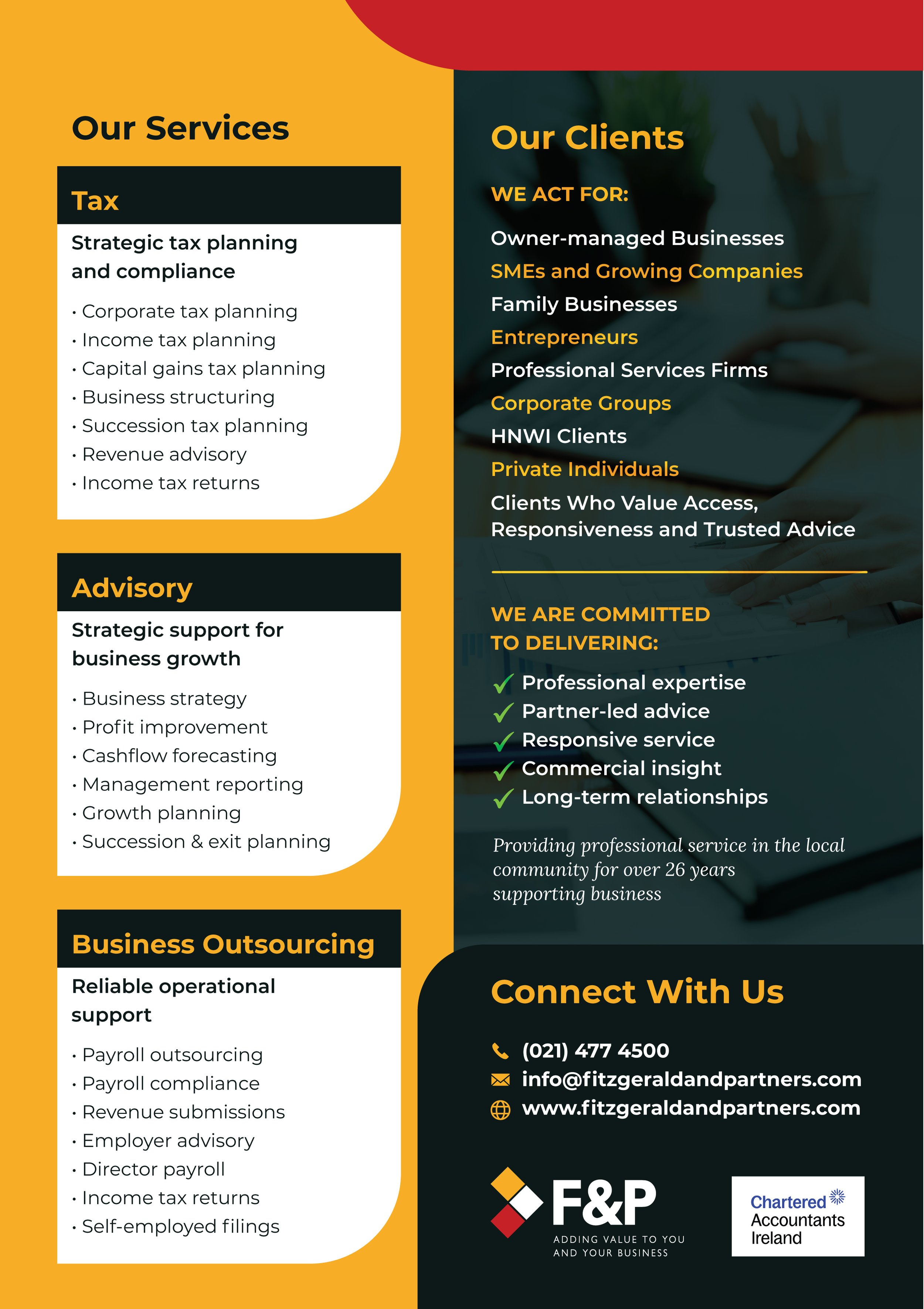 Fitzgerald & Partners services flyer covering Tax, Advisory and Business Outsourcing, the clients the firm acts for, and contact details