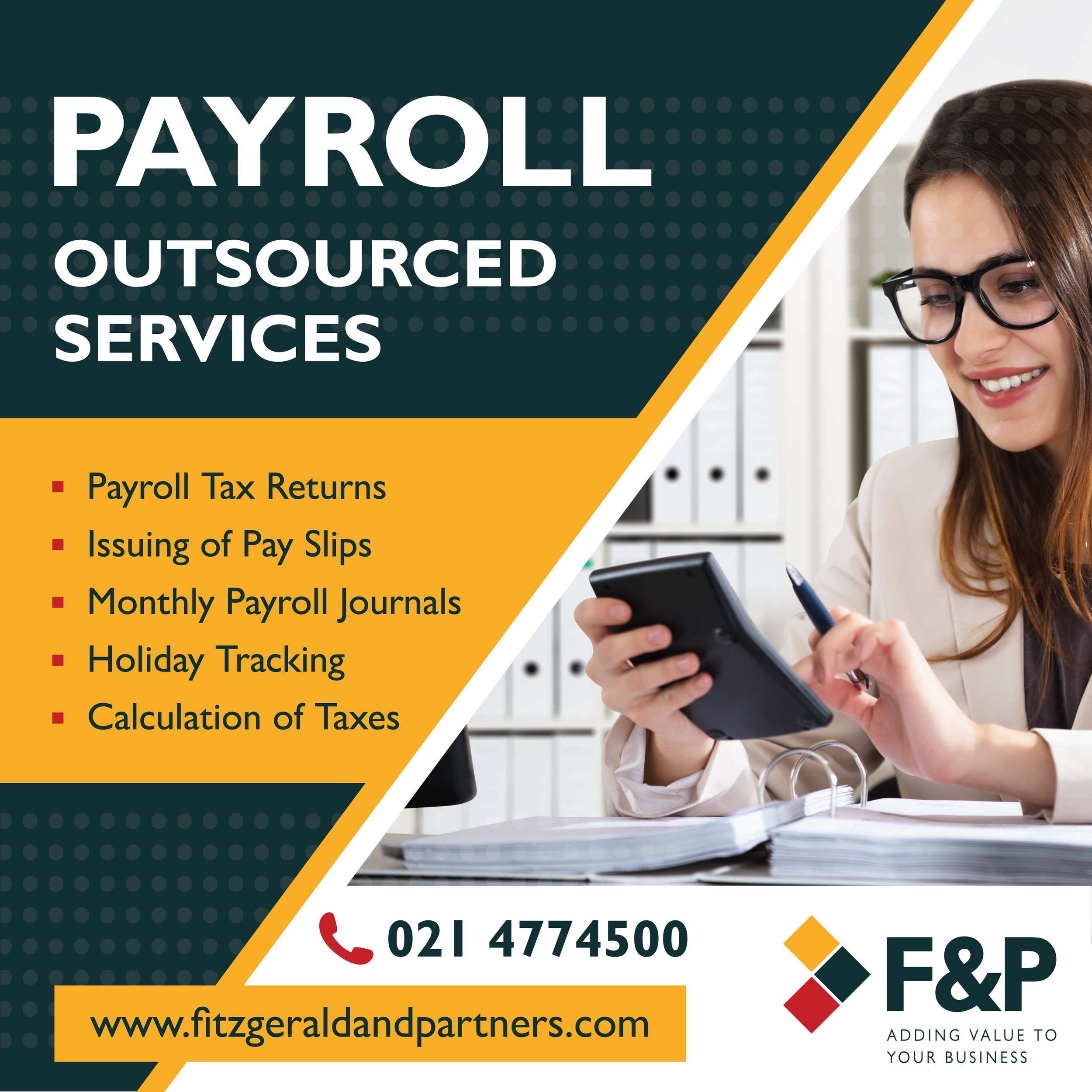 Promotional image for payroll outsourced services featuring a woman using a calculator. Services listed include payroll tax returns, issuing of pay slips, monthly payroll journals, holiday tracking, and calculation of taxes. Contact details and website included.