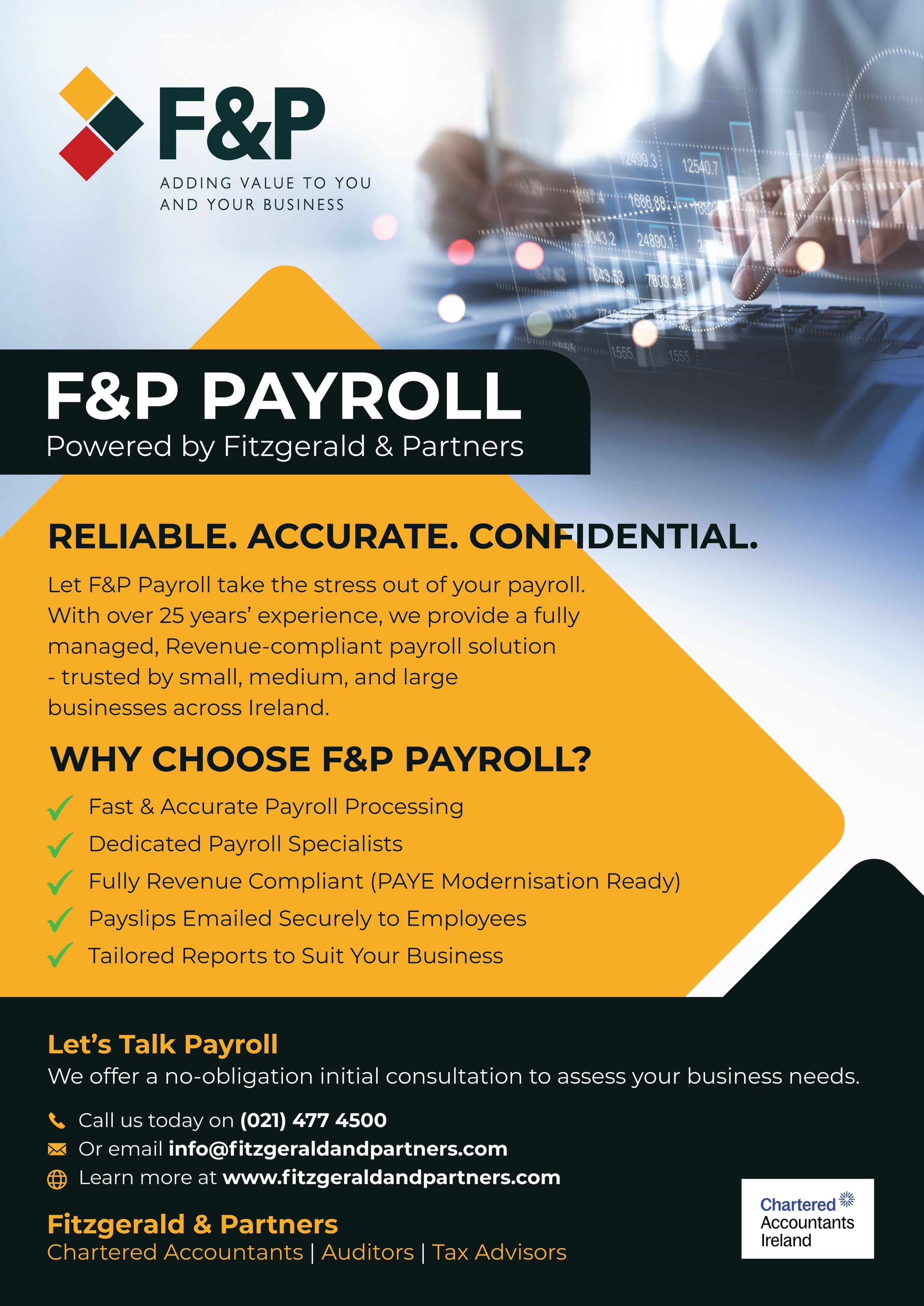 F&P Payroll flyer: a reliable, accurate and confidential Revenue-compliant payroll service, with reasons to choose it and contact details
