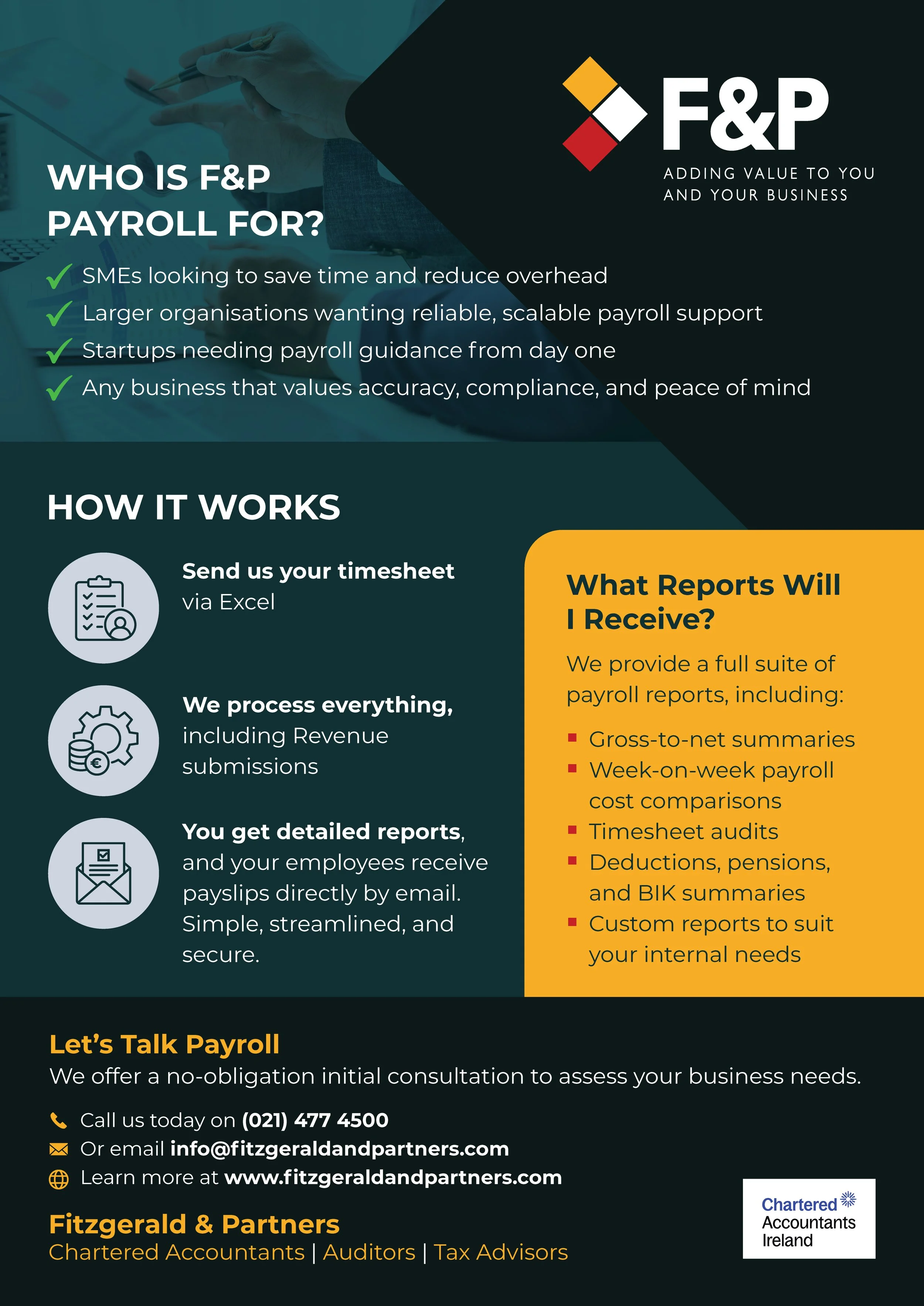 F&P Payroll flyer, second page: who the service is for, how it works from timesheet to emailed payslips, and the payroll reports provided