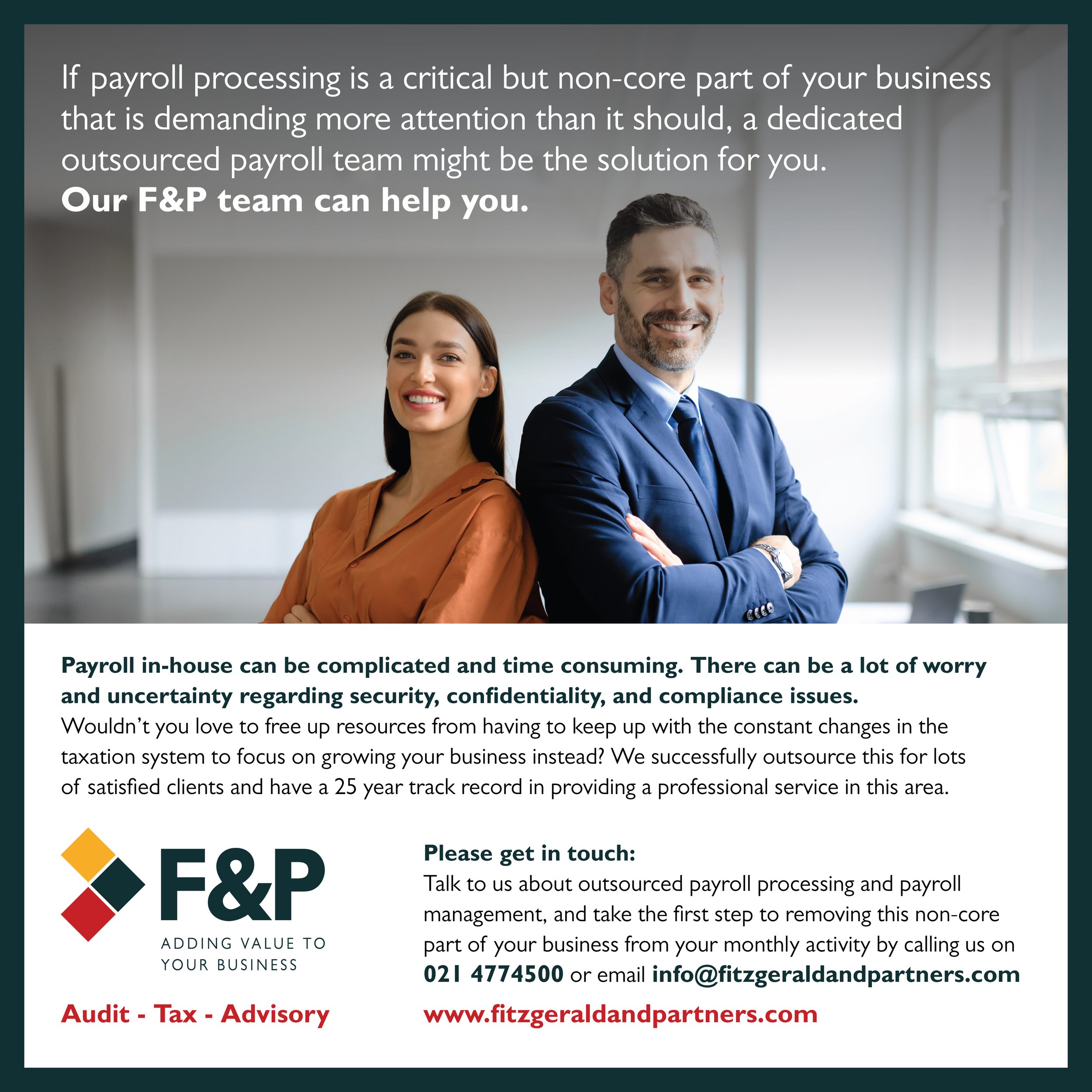 Fitzgerald & Partners advert for outsourced payroll showing a smiling woman and man standing back to back, with the Kinsale office contact details