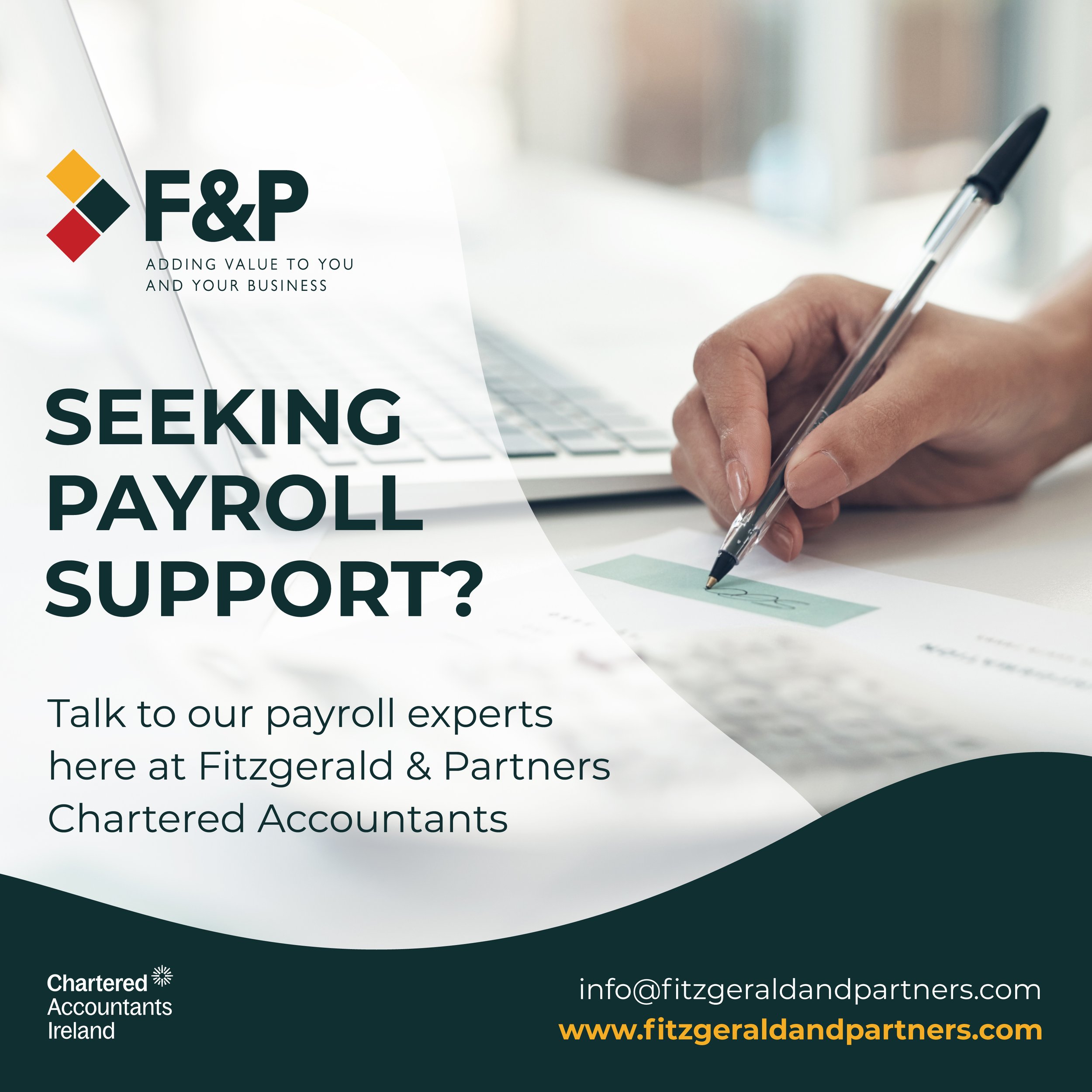 Fitzgerald & Partners 'Seeking payroll support?' advert showing a hand signing a document beside a laptop