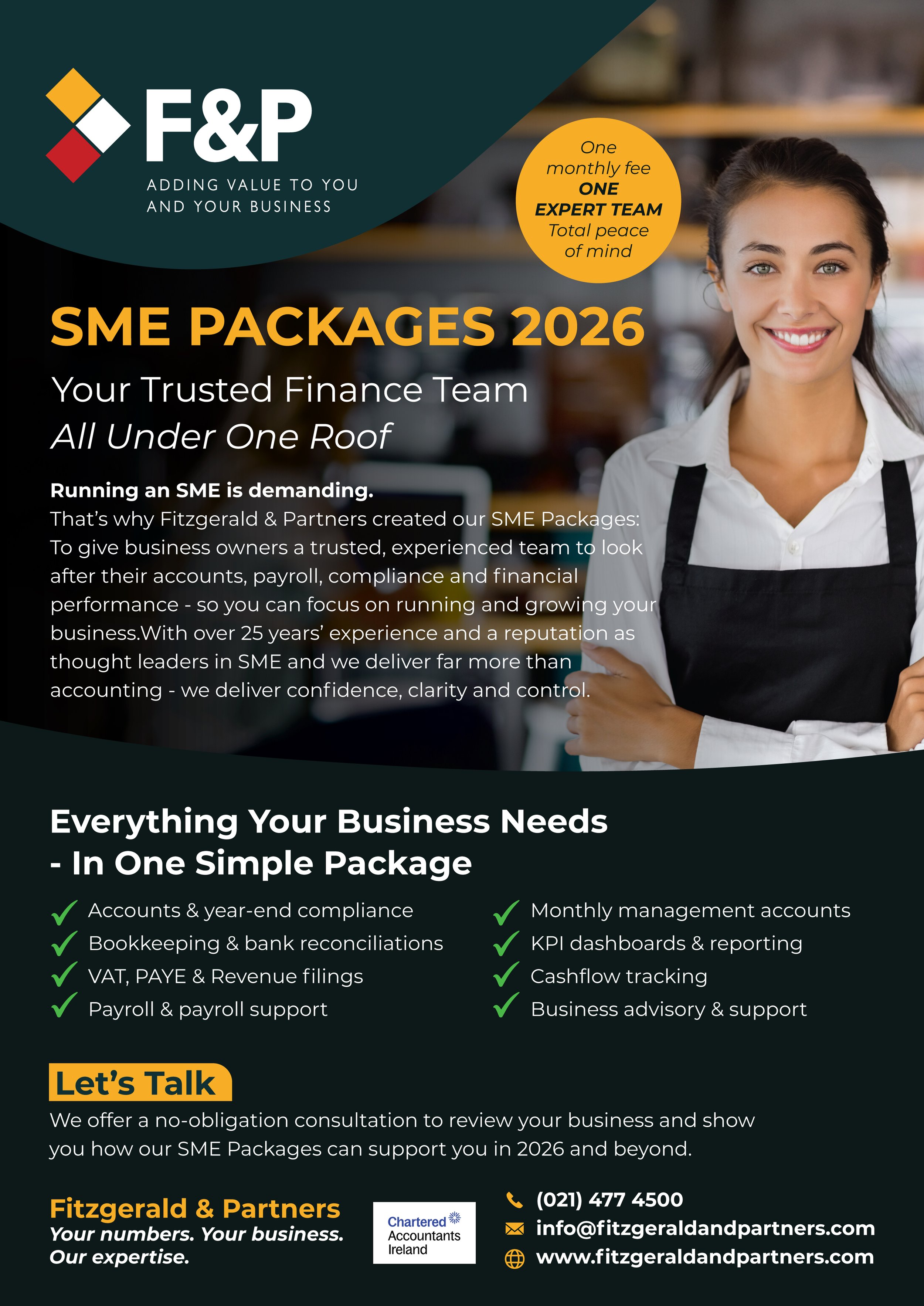 Fitzgerald & Partners SME Packages 2026 flyer: one monthly fee, one expert team, with what each package includes and the firm's contact details