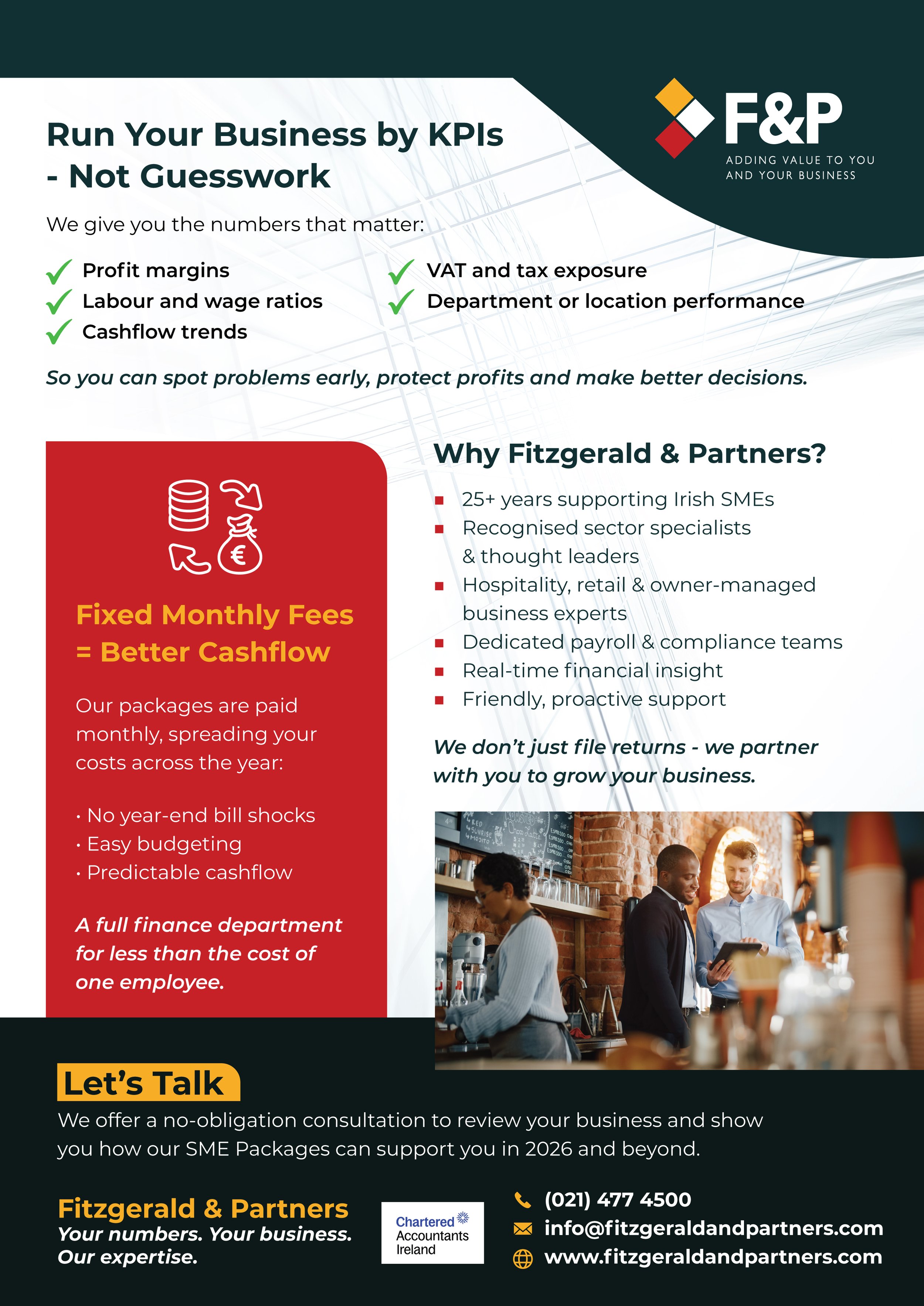 Fitzgerald & Partners SME packages flyer 'Run your business by KPIs, not guesswork', with fixed monthly fees and reasons to choose the firm