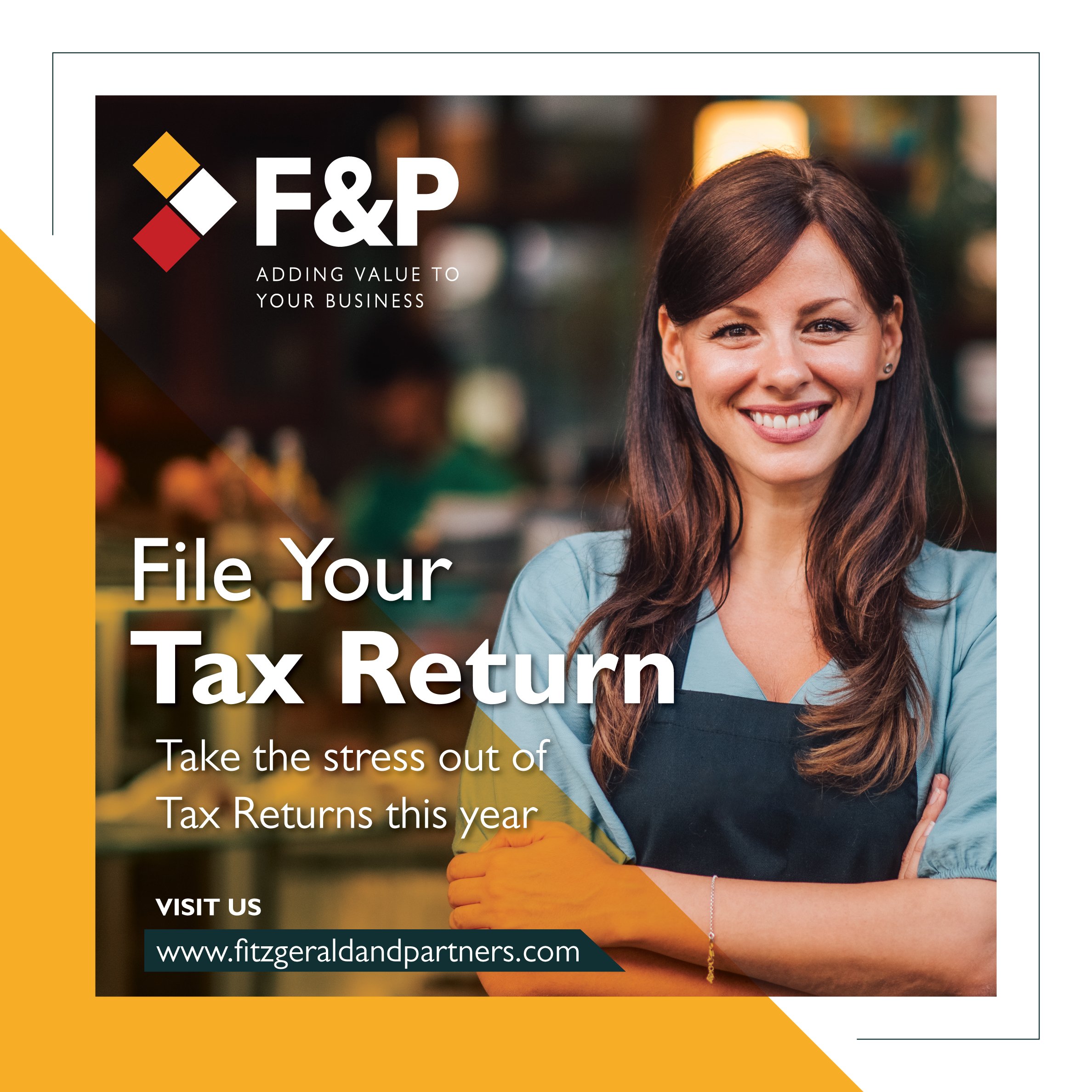 Fitzgerald & Partners 'File your tax return' advert showing a smiling woman in an apron