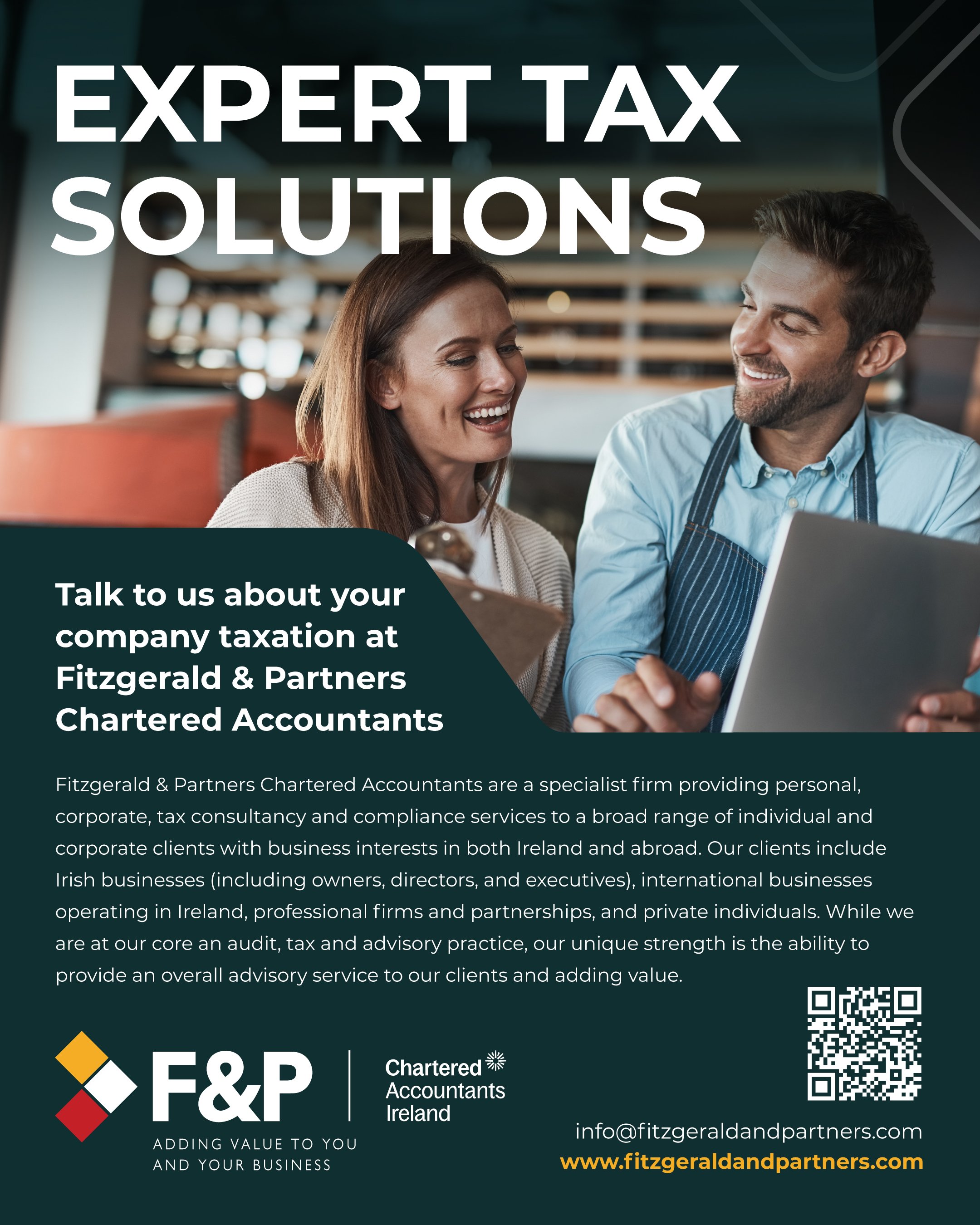 Fitzgerald & Partners 'Expert tax solutions' flyer showing two people laughing over a tablet, introducing the firm's company taxation services