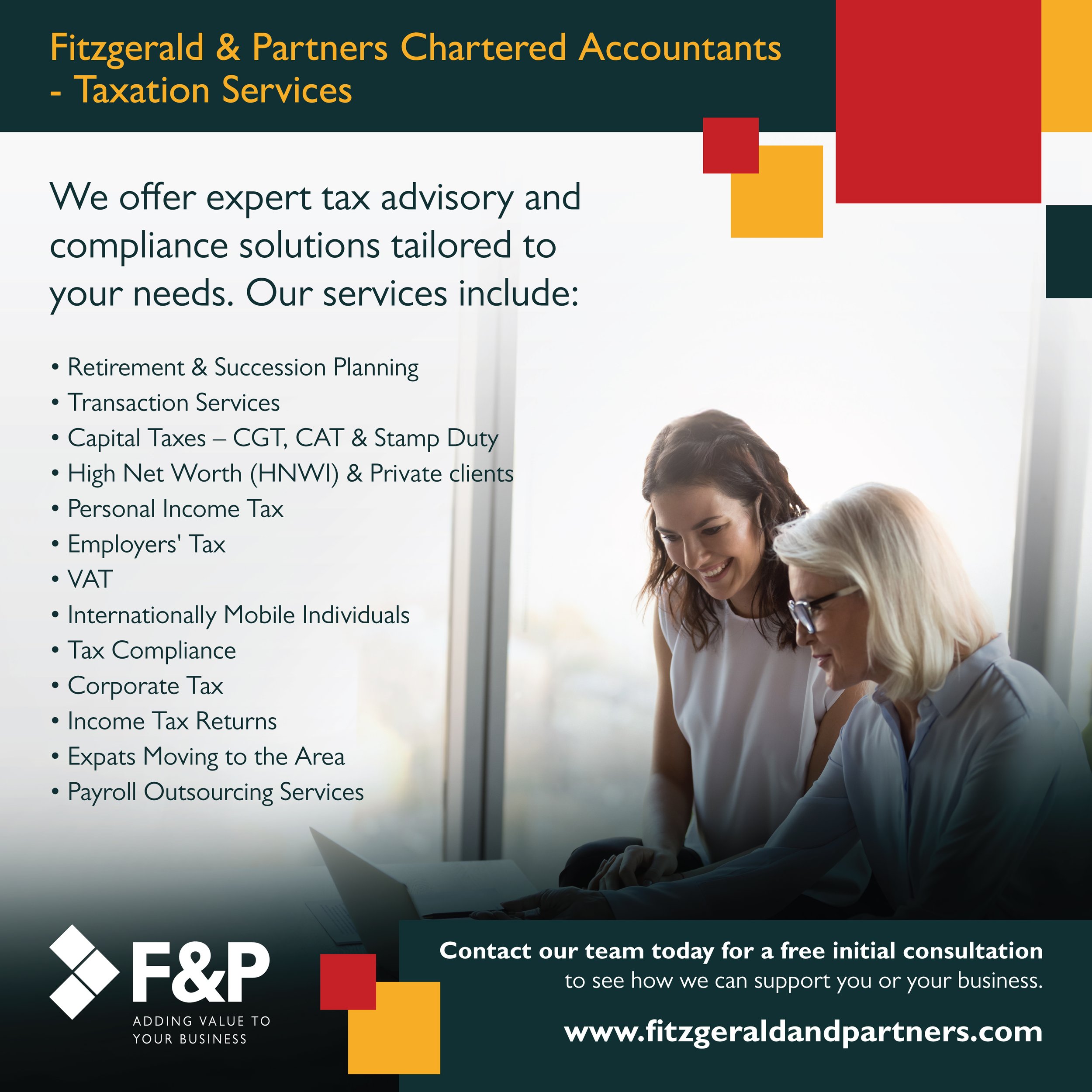 Fitzgerald & Partners taxation services advert showing two women looking at a laptop, with a list of services including succession planning, capital taxes, VAT and payroll outsourcing