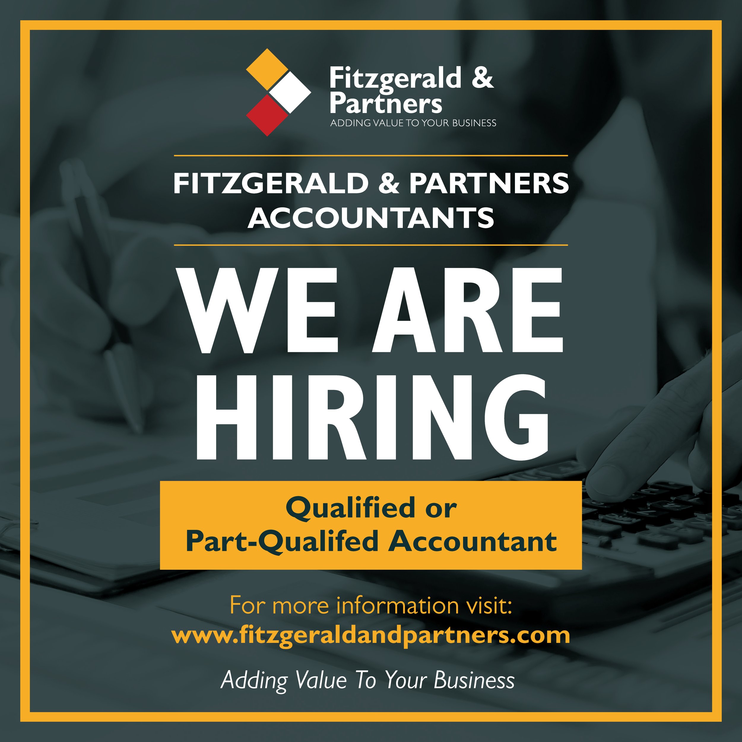 Job advertisement for Fitzgerald & Partners Accountants, highlighting a hiring opportunity for qualified or part-qualified accountants.