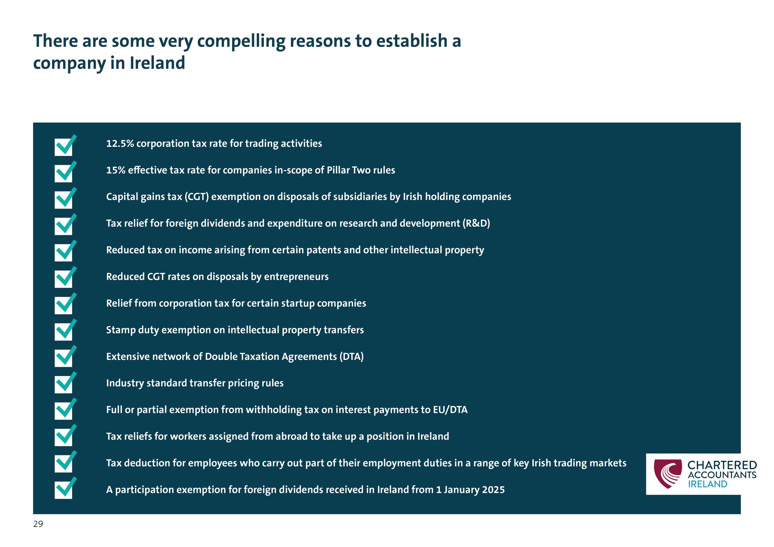 List outlining tax benefits and financial incentives for companies establishing in Ireland, provided by Chartered Accountants Ireland.