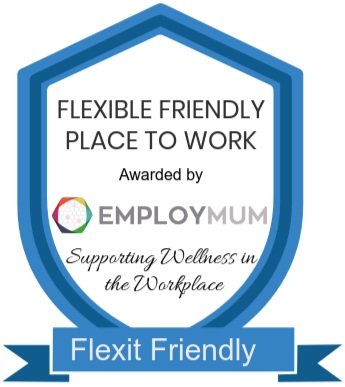 Badge illustrating 'Flexible Friendly Place to Work' awarded by Employmum, featuring a blue ribbon labeled 'Flexit Friendly,' and the text 'Supporting Wellness in the Workplace.'