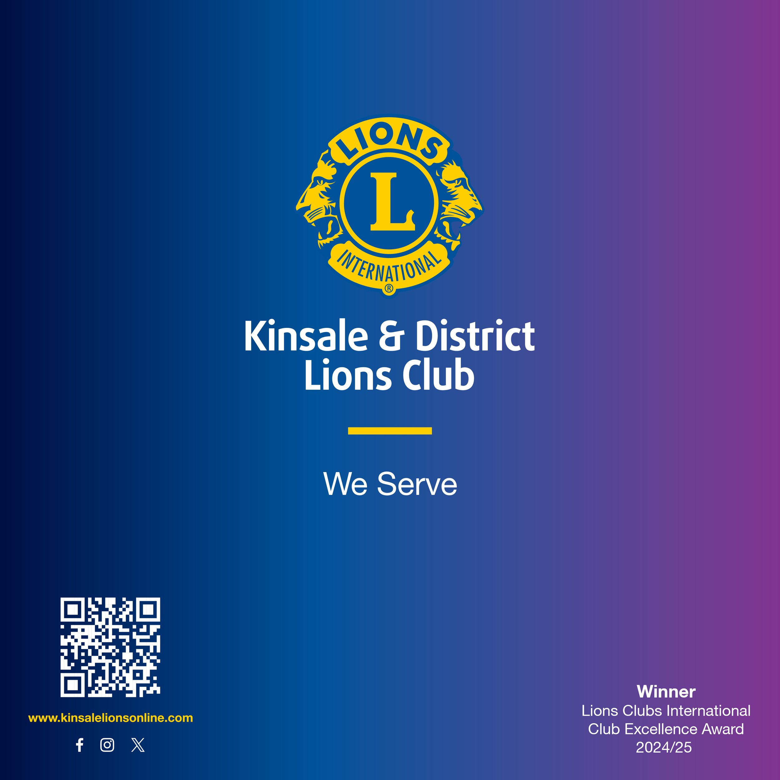 Kinsale & District Lions Club graphic with the Lions emblem and 'We Serve', marking the club as winner of the Lions Clubs International Club Excellence Award 2024/25